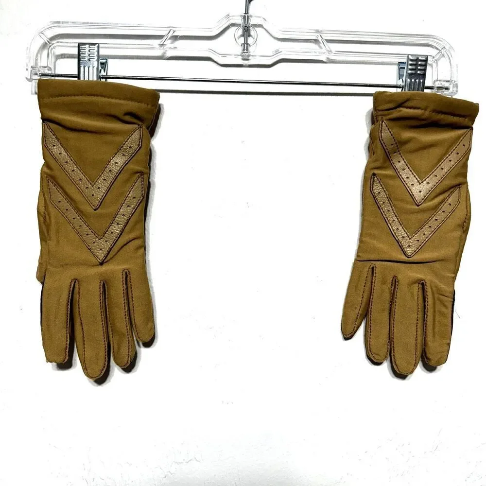 Vintage Driving Gloves Vegan Leather Tan Brown Womens Winter Warm Stretch Lined